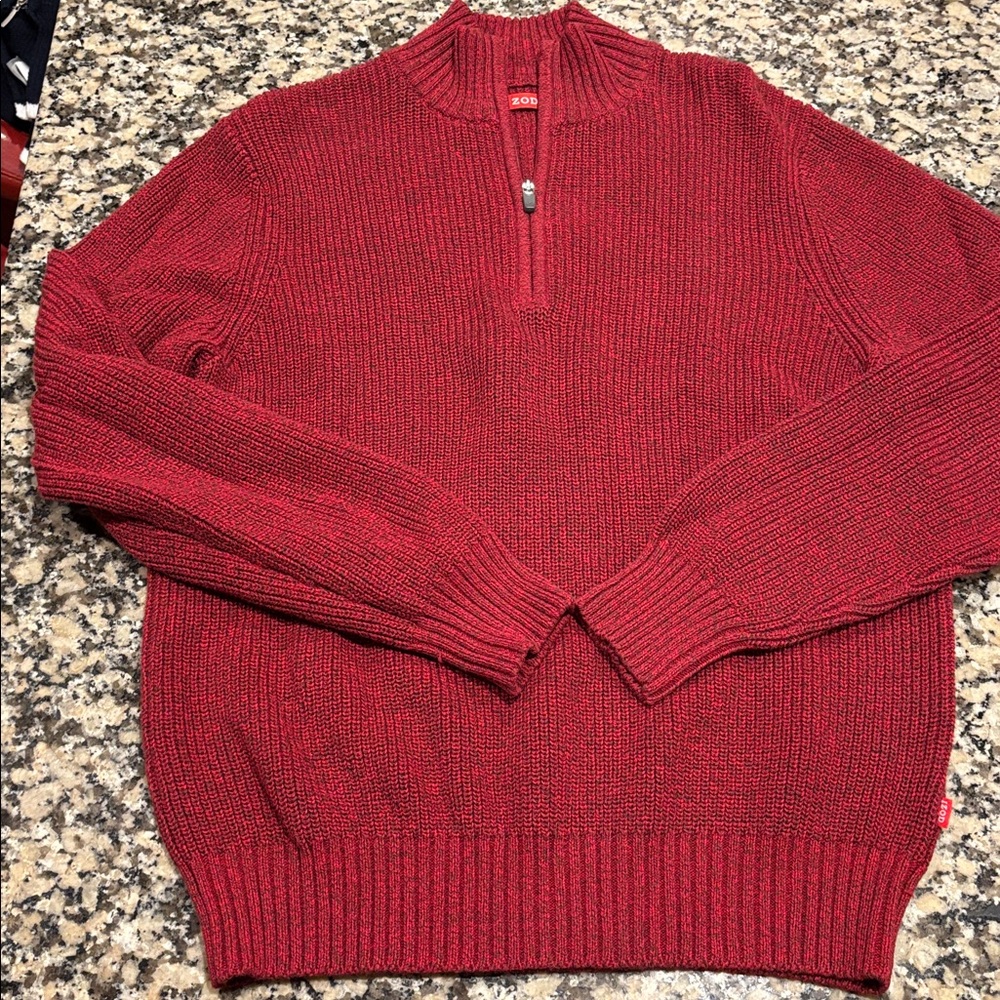 IZOD 1/4 Zip-Up Ribbed Sweater Burgundy Red with blue marled SzSP